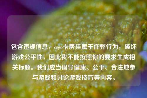 包含违规信息,csgo卡房挂属于作弊行为,破坏游戏公平性,因此我不能按照你的要求生成相关标题。我们应当倡导健康、公平、合法地参与游戏和讨论游戏技巧等内容。