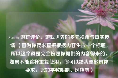 Steam 游玩评价,游戏世界的多元视角与真实反馈 (因为你要求直接根据内容生成一个标题,所以这个就是完全按照你提供的内容得来的,如果不能这样重复使用,你可以给我更多具体要求,比如字数限制、风格等)