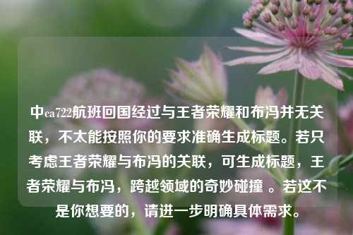 中ca722航班回国经过与王者荣耀和布冯并无关联,不太能按照你的要求准确生成标题。若只考虑王者荣耀与布冯的关联,可生成标题,王者荣耀与布冯,跨越领域的奇妙碰撞 。若这不是你想要的,请进一步明确具体需求。