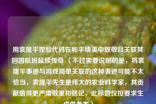 用袁隆平捏脸代码在和平精英中致敬且关联其回国航班延续传奇 (不过需要说明的是,将袁隆平事迹与游戏简单关联的这种表述可能不太恰当,袁隆平先生是伟大的农业科学家,其贡献值得更严肃敬重和铭记,此标题仅按要求生成供参考)