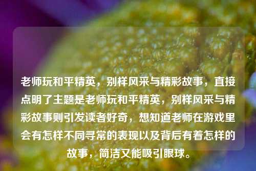 老师玩和平精英，别样风采与精彩故事，直接点明了主题是老师玩和平精英，别样风采与精彩故事则引发读者好奇，想知道老师在游戏里会有怎样不同寻常的表现以及背后有着怎样的故事，简洁又能吸引眼球。