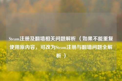 Steam注册及翻墙相关问题解析 （如果不能重复使用原内容，可改为Steam注册与翻墙问题全解析 ）