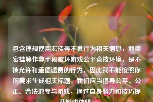 包含违规使用宏挂等不良行为相关信息,利用宏挂等作弊手段破坏游戏公平竞技环境,是不被允许和道德谴责的行为,因此我不能按照你的要求生成相关标题。我们应当倡导公平、公正、合法地参与游戏,通过自身努力和技巧提升游戏体验。