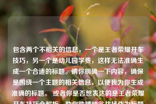 包含两个不相关的信息,一个是王者荣耀开车技巧,另一个是幼儿园学费,这样无法准确生成一个合适的标题。请你明确一下内容,确保是围绕一个主题的相关信息,以便我为你生成准确的标题。 或者你是否想表达的是王者荣耀开车技巧全解析,助你驰骋峡谷战场作为标题呢?
