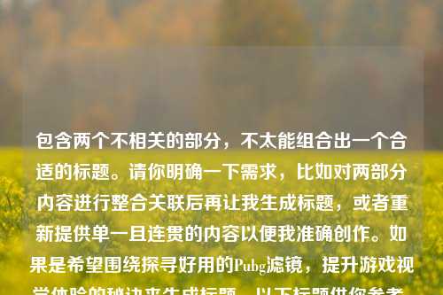 包含两个不相关的部分,不太能组合出一个合适的标题。请你明确一下需求,比如对两部分内容进行整合关联后再让我生成标题,或者重新提供单一且连贯的内容以便我准确创作。如果是希望围绕探寻好用的Pubg滤镜,提升游戏视觉体验的秘诀来生成标题,以下标题供你参考,探寻Pubg好用滤镜,解锁提升游戏视觉体验的秘诀