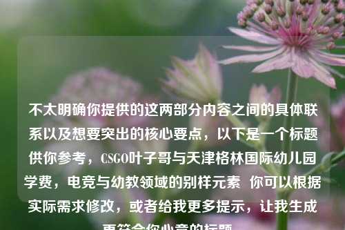 不太明确你提供的这两部分内容之间的具体联系以及想要突出的核心要点,以下是一个标题供你参考,CSGO叶子哥与天津格林国际幼儿园学费,电竞与幼教领域的别样元素 你可以根据实际需求修改,或者给我更多提示,让我生成更符合你心意的标题 。