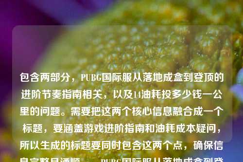 包含两部分,PUBG国际服从落地成盒到登顶的进阶节奏指南相关,以及14油耗投多少钱一公里的问题。需要把这两个核心信息融合成一个标题,要涵盖游戏进阶指南和油耗成本疑问,所以生成的标题要同时包含这两个点,确保信息完整且通顺。,PUBG国际服从落地成盒到登顶进阶节奏指南及14油耗每公里成本解析